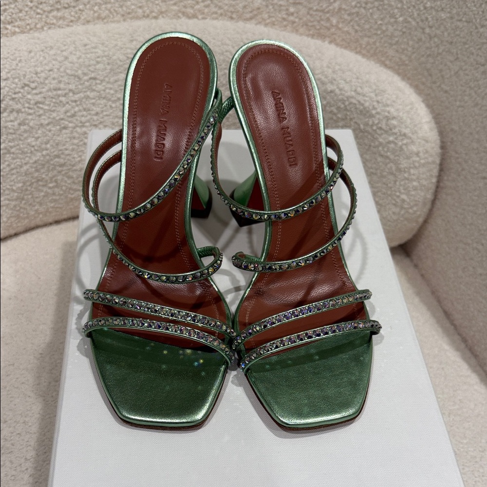 Amina Muaddi Shimmering Green Strappy Heels